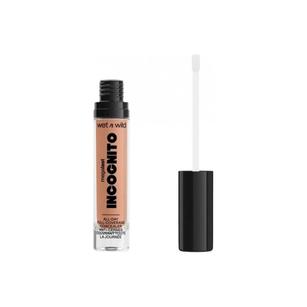 Concealer-Tube mit schwarzem Deckel und Applikator. Aufschrift "Wet n Wild" und "Incognito".
