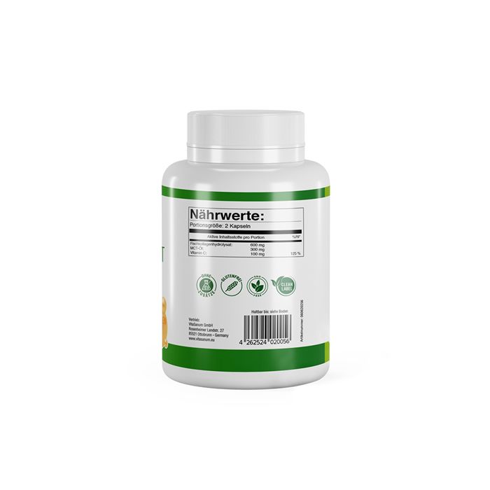 Rückseite einer weißen Flasche mit grünem Etikett. Aufschrift: Nährwerte. Logos für vegane Produkte. Barcode.