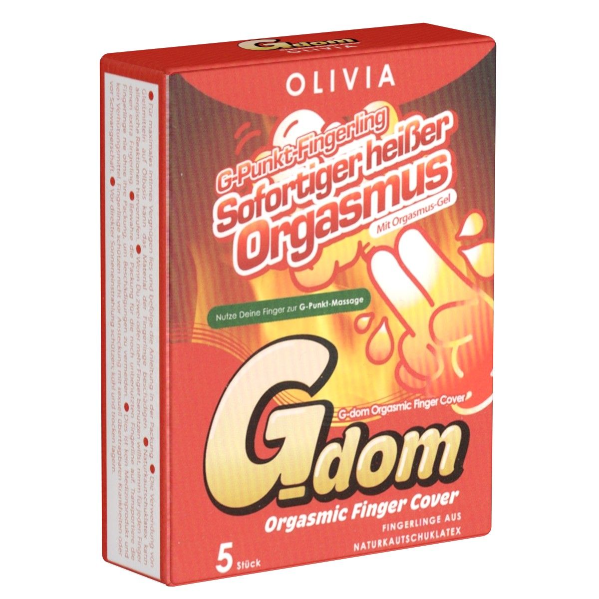 Rote Verpackung mit Produktnamen und Schriftzug. Enthält 5 Fingerlinge aus Naturkautschuklatex. Marke: Olivia.