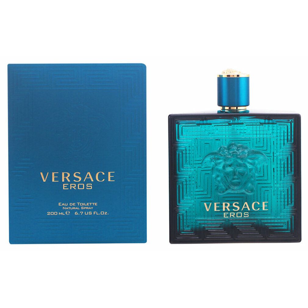Türkisfarbene Flasche und Verpackung. Aufschrift: VERSACE EROS. Medusa-Relief. Blauer Verschluss.
