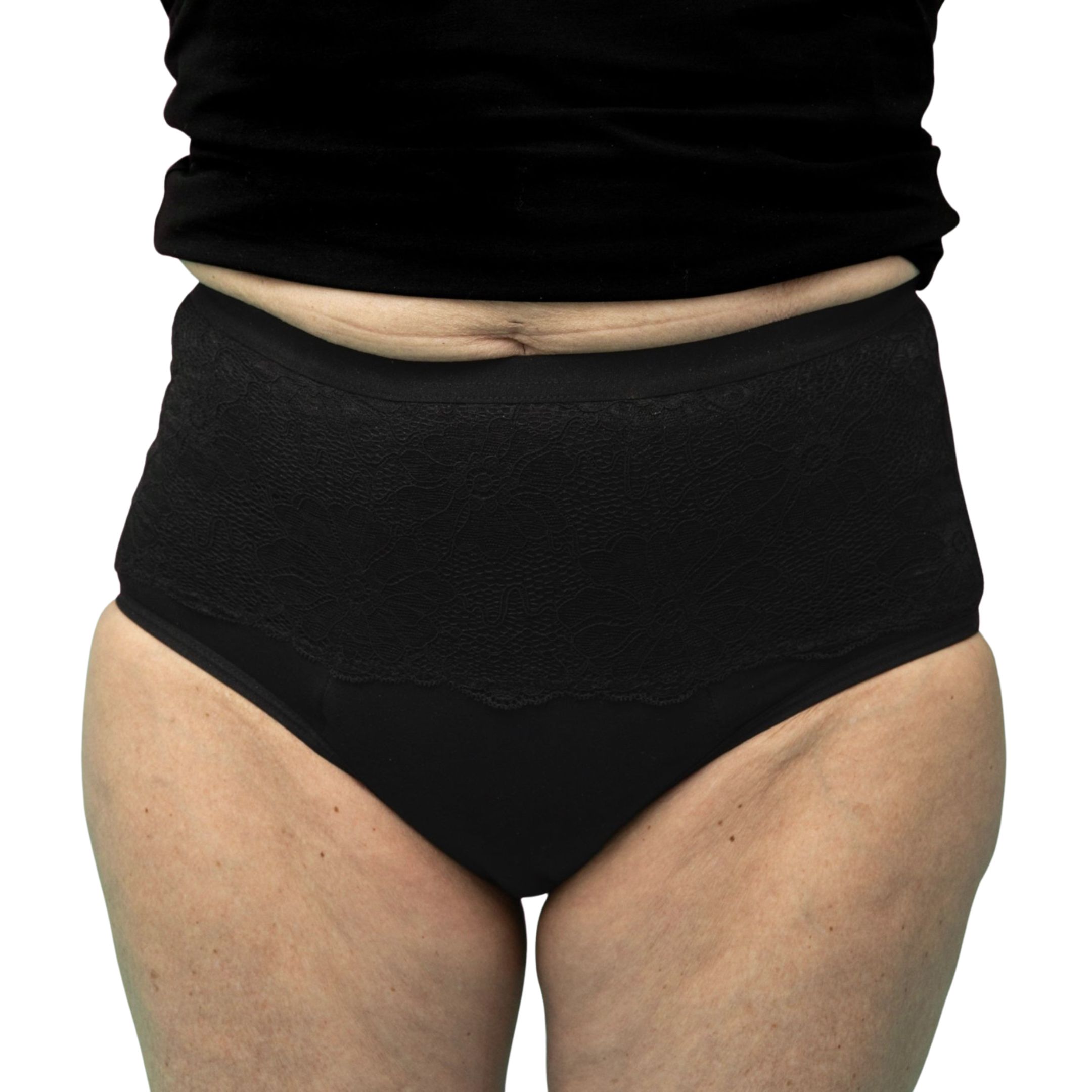 Nahaufnahme einer schwarzen, ultra-absorbierenden Culotte. Spitze im Vorderteil.