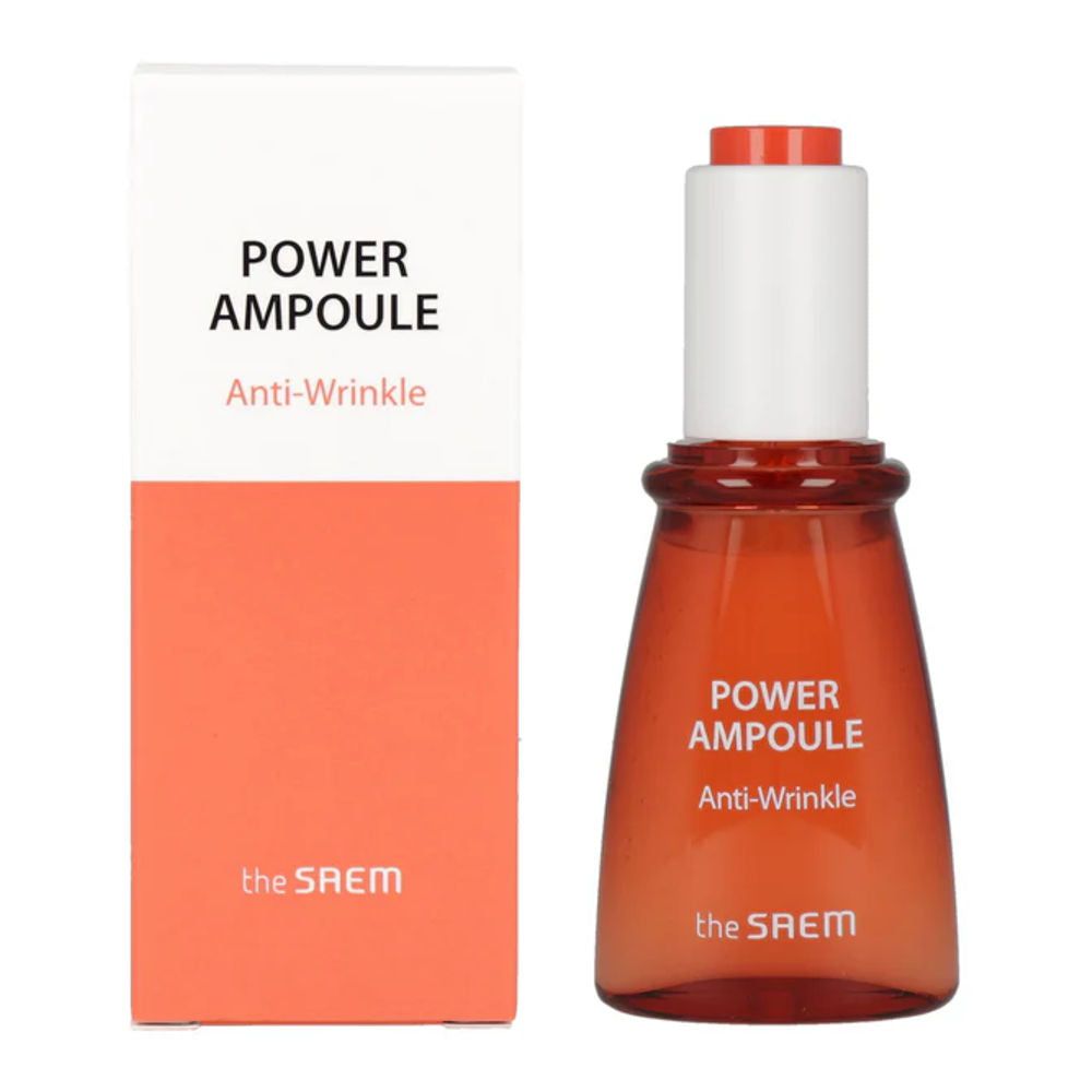 Orangene Ampulle neben weißer Verpackung. Schriftzug: Power Ampoule Anti-Wrinkle. Marke: the SAEM.