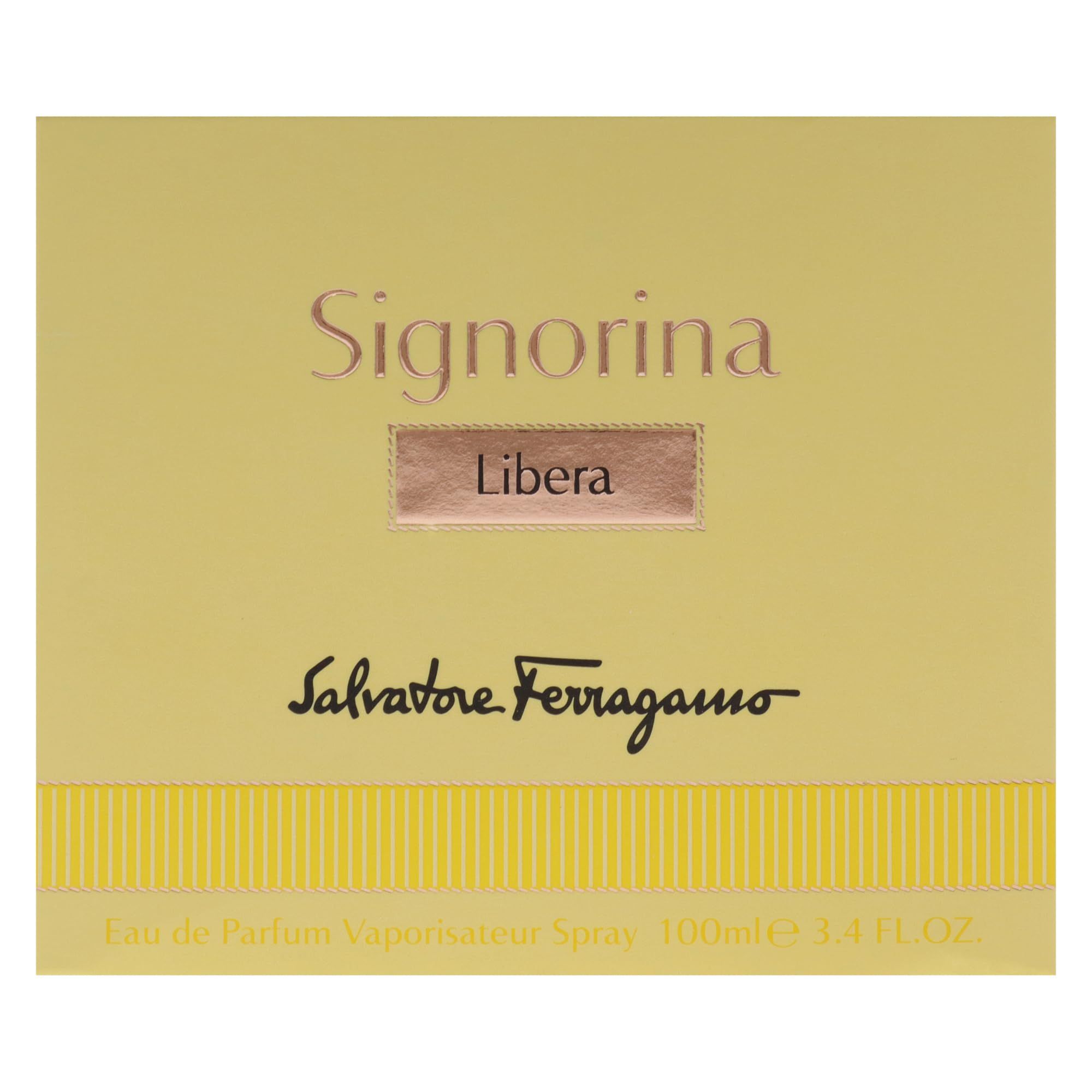 Gelbe Schachtel mit Schriftzug Signorina Libera und Logo Salvatore Ferragamo. Aufschrift: Eau de Parfum Vaporisateur Spray.