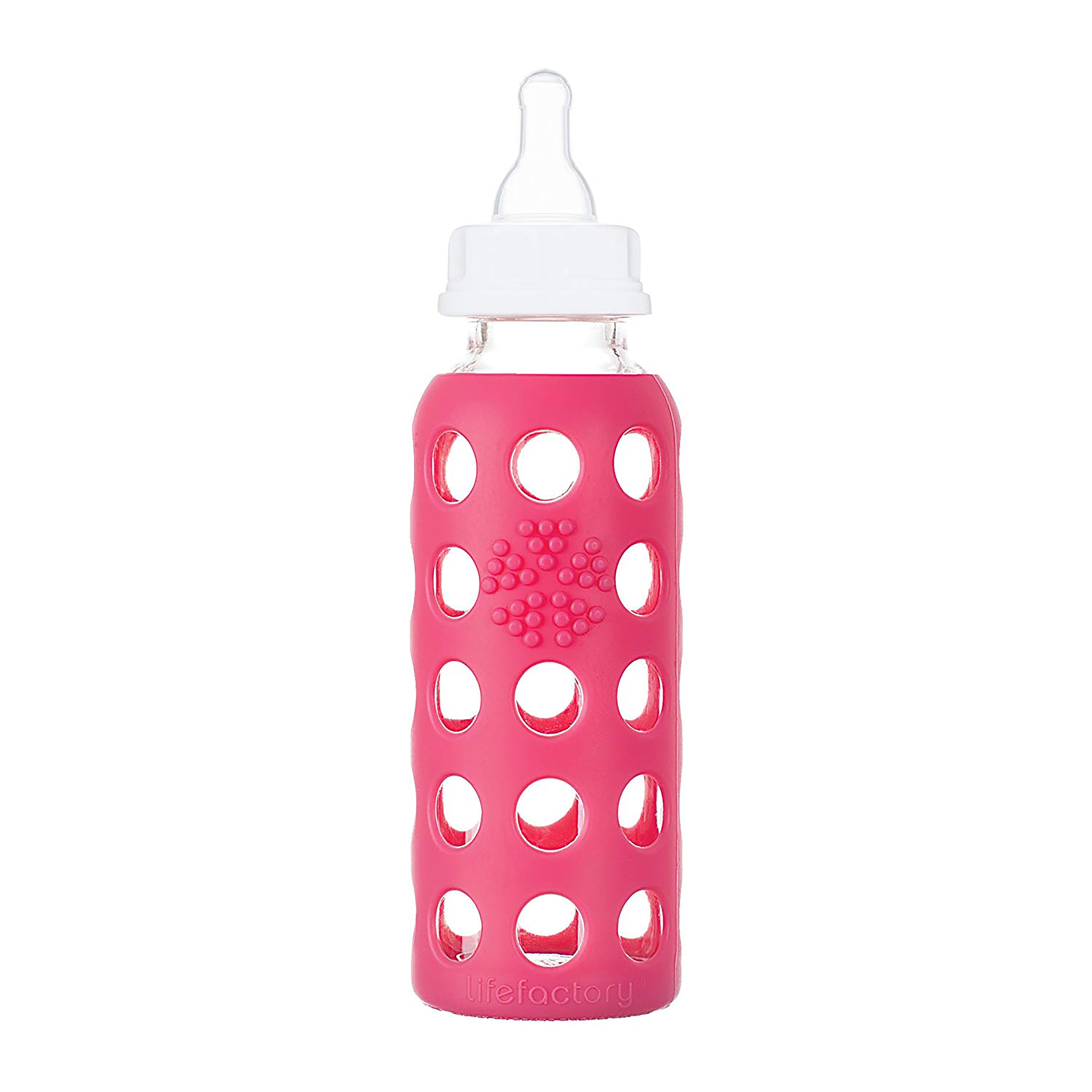 Baby-Glasflasche mit pinkfarbener Silikonhülle. Weißer Sauger und Verschluss. Lochmuster und Logo.
