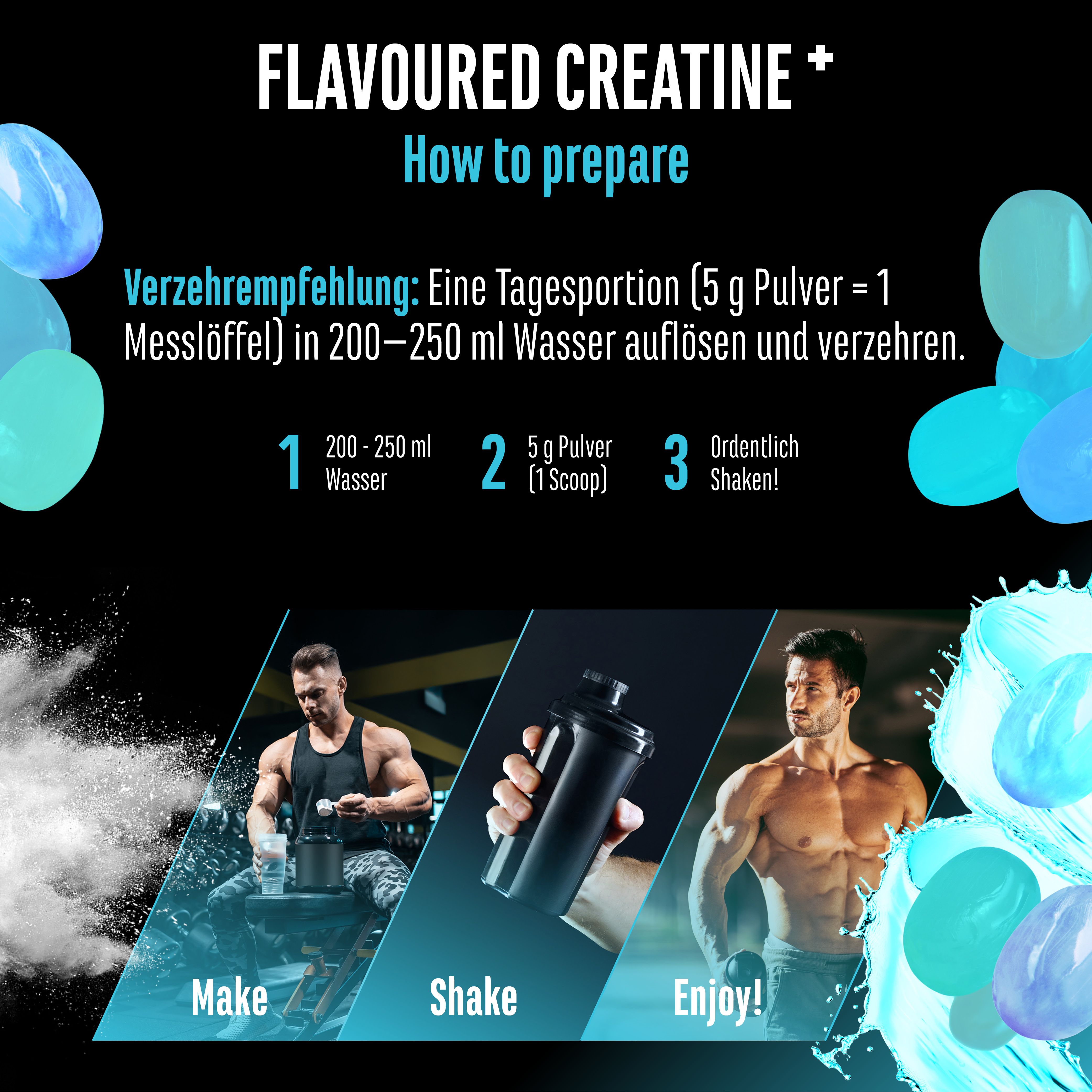 Anleitung zur Zubereitung von GEN Flavoured Creatine+. Mischen Sie 200-250 ml Wasser mit 5 g Pulver (1 Messlöffel) und schütteln Sie es. Drei Bilder zeigen die Zubereitung.