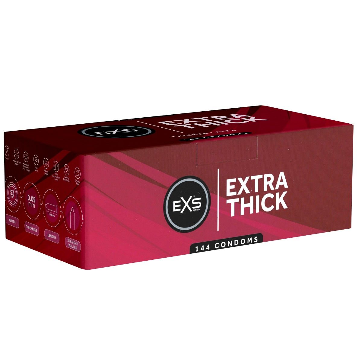 Karton mit 144 Kondomen. Rot mit EXS-Logo, Extra Thick. Produktinformationen und Maße.