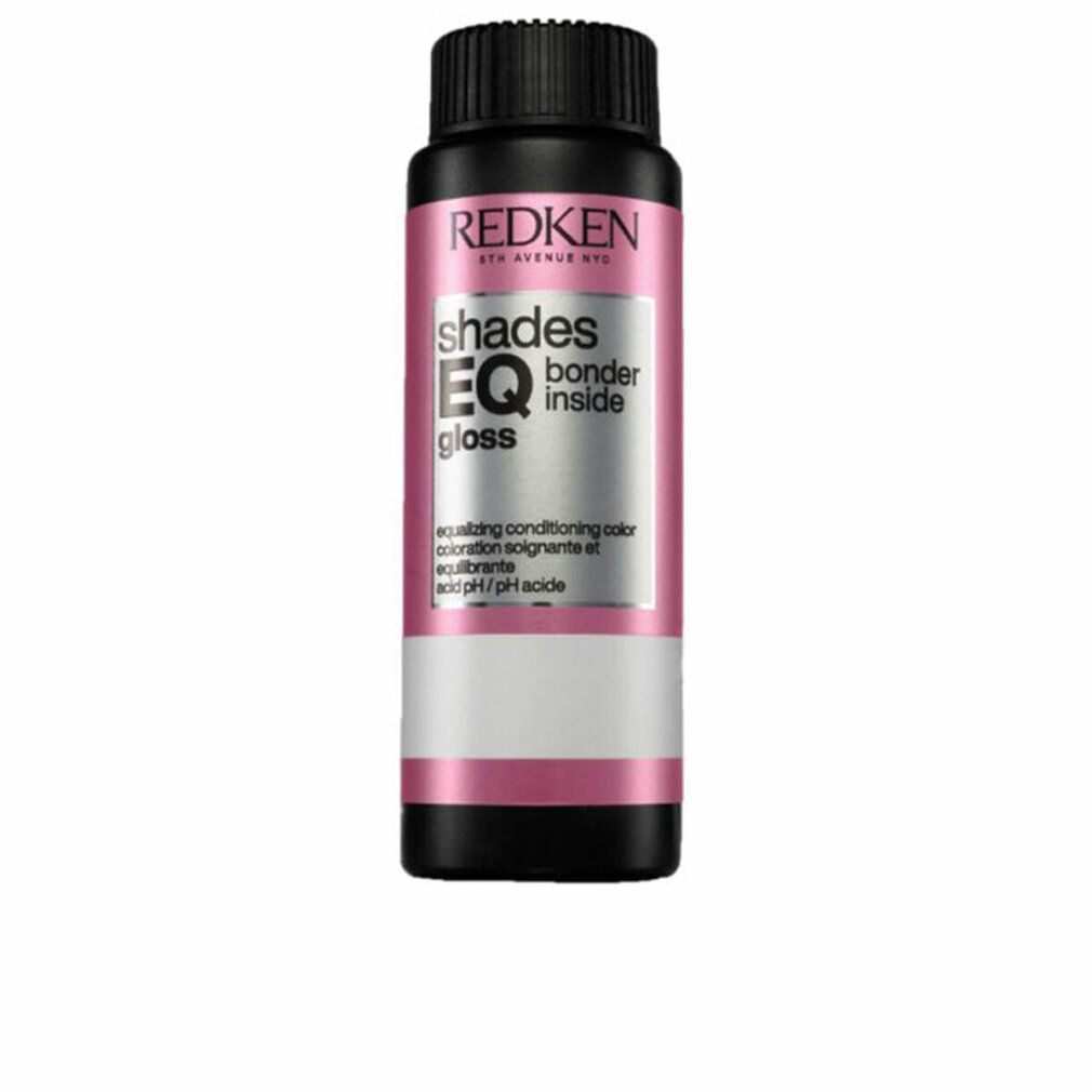 Zylindrische Flasche mit schwarzem Deckel. Rosa-silbernes Etikett mit "REDKEN", "shades EQ gloss" und "bonder inside".