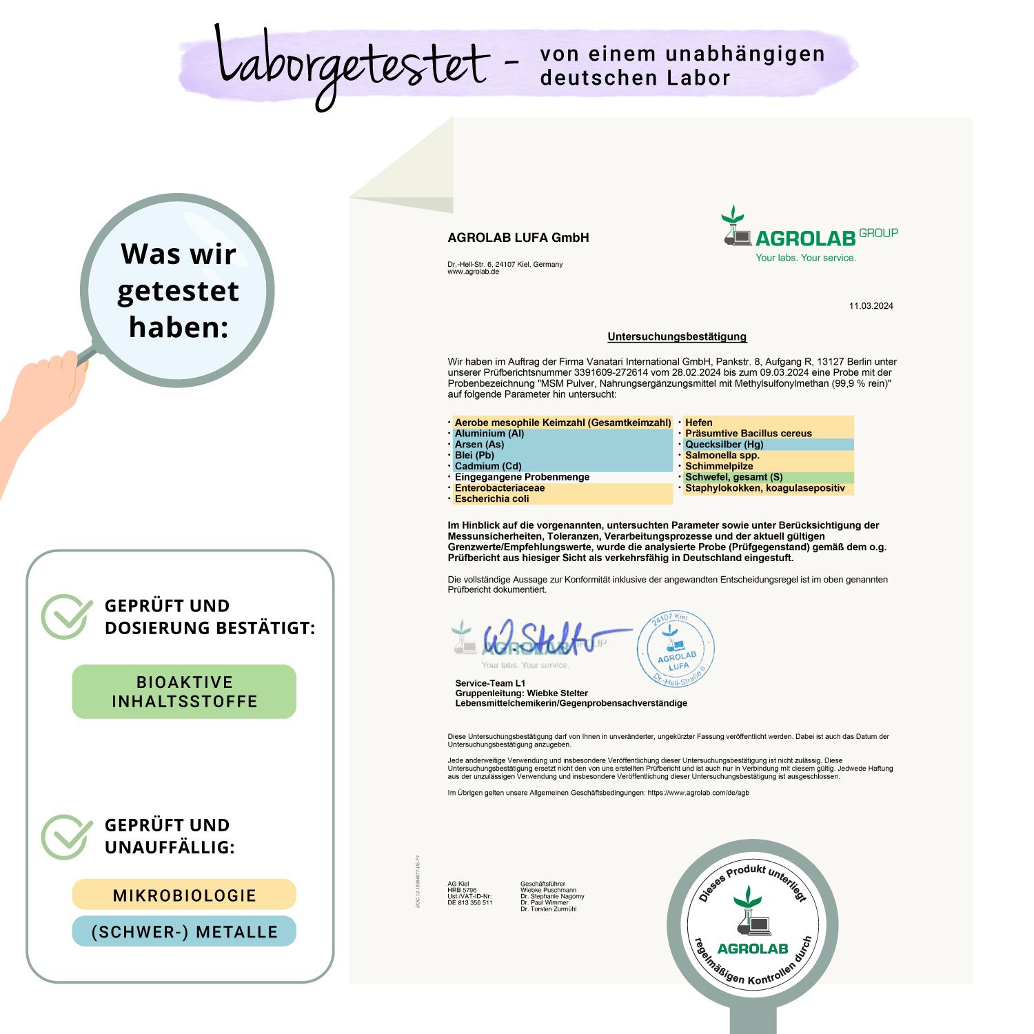 Laborbericht. Bestätigung der bioaktiven Inhaltsstoffe und der Mikrobiologie. Siegel von AGROLAB.