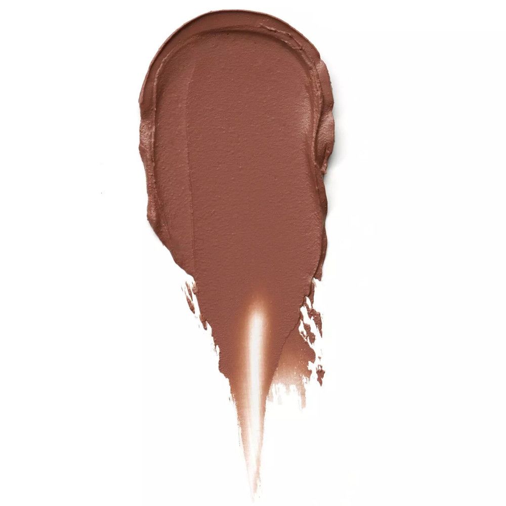 Brauner Lippenstift-Swirl auf weißem Hintergrund. Textur: cremig, glatt. Form: länglich, mit spitzem Ende.