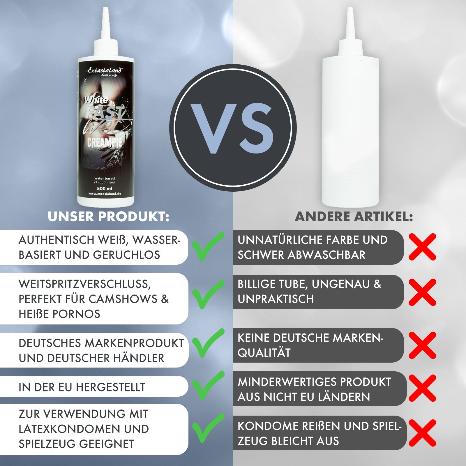 Vergleich: Unser Produkt vs. andere Artikel, Vorteile hervorgehoben.