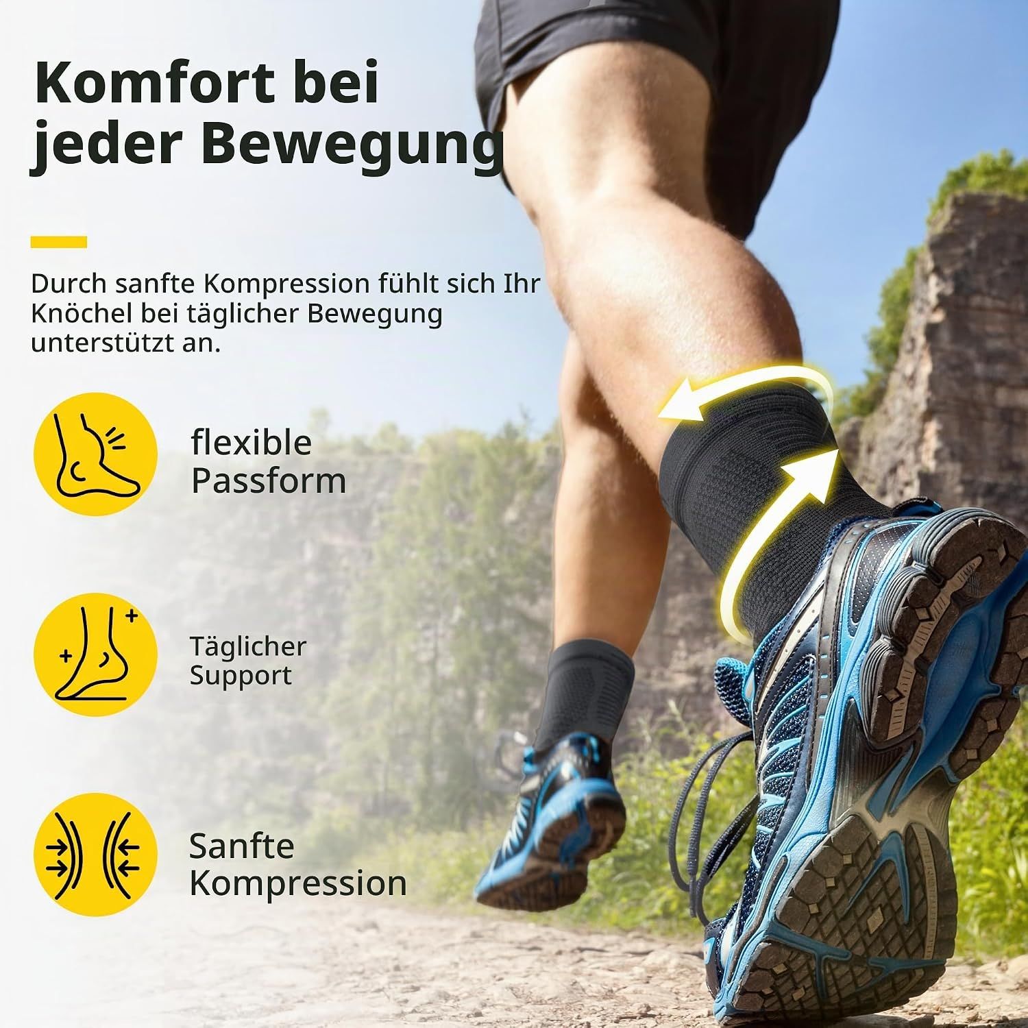 Schwarze Knöchelbandage mit Kompressionszonen und Silikonstreifen.
