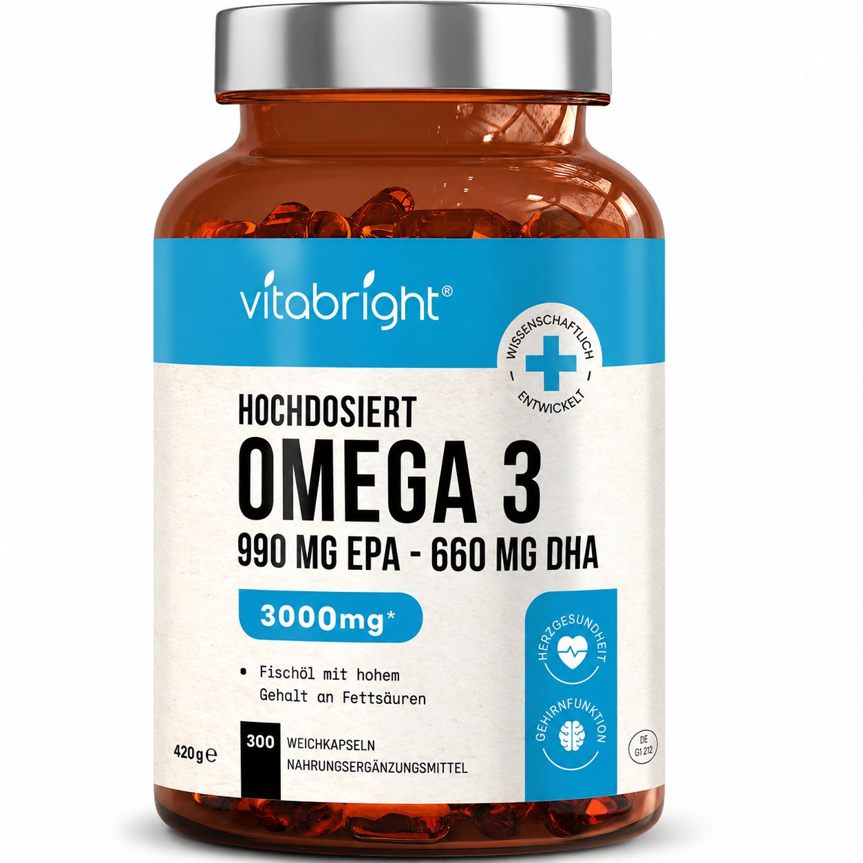 Vitabright Omega 3 Hochdosiert, 300 Weichkapseln, 990mg EPA, 660mg DHA.