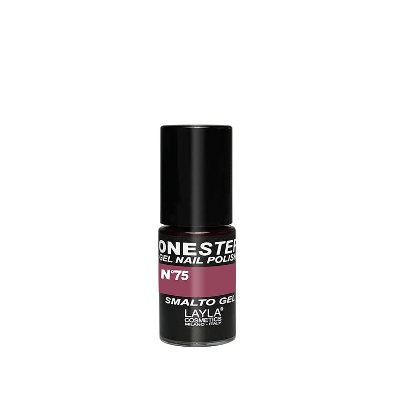 Nagellackflasche, dunkelroter Farbton, schwarzer Deckel. Aufschrift: ONESETP GEL NAIL POLISH N°75, SMALTO GEL, LAYLA COSMETICS.