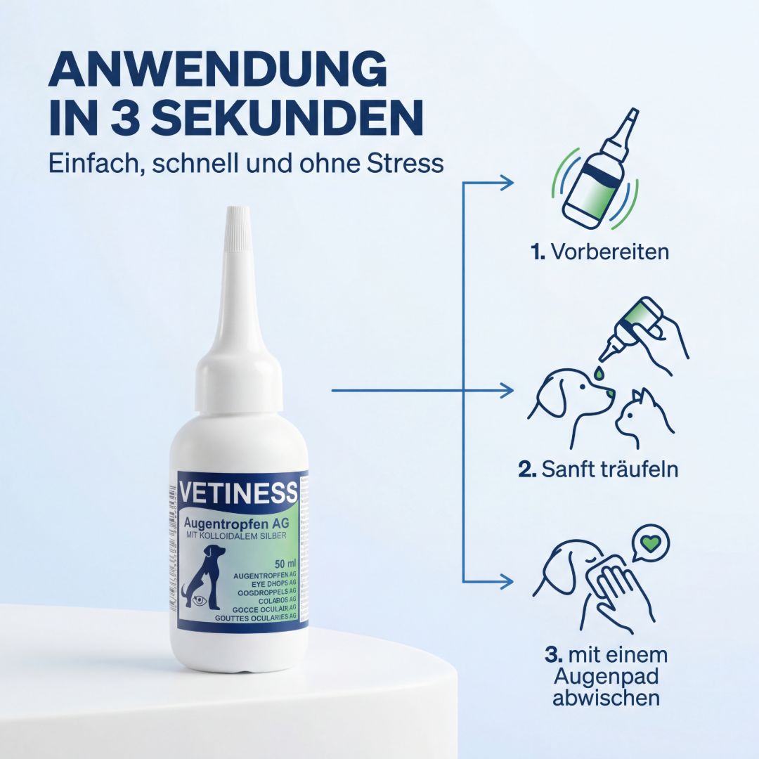 Anwendung in 3 Sekunden. Schritte: Vorbereiten, sanft träufeln, abwischen. Augentropfen-Flasche. Hunde- und Katzen-Illustrationen.