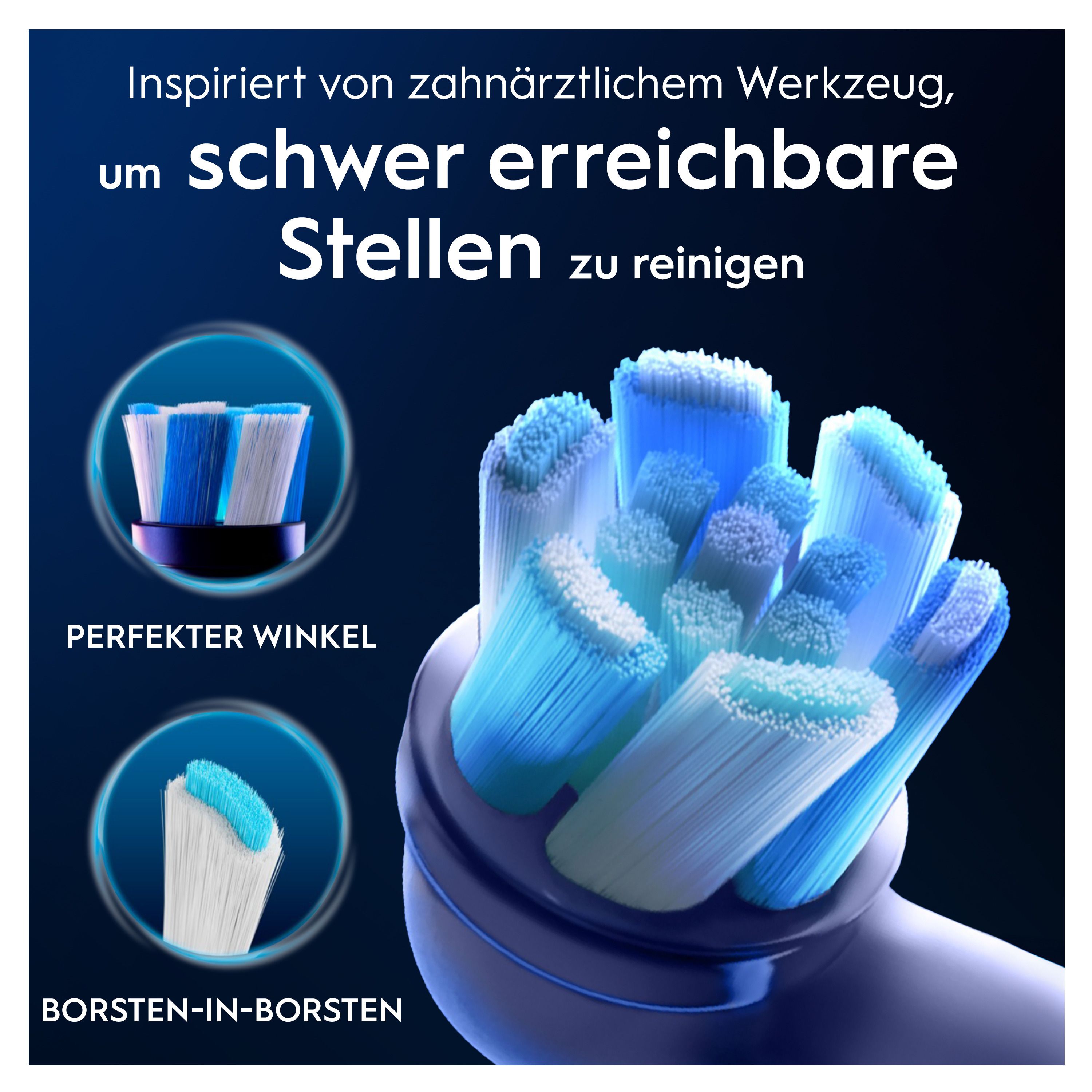 Nahaufnahme der Borsten einer Zahnbürste. Blaue und weiße Borsten. Text: schwer erreichbare Stellen reinigen.