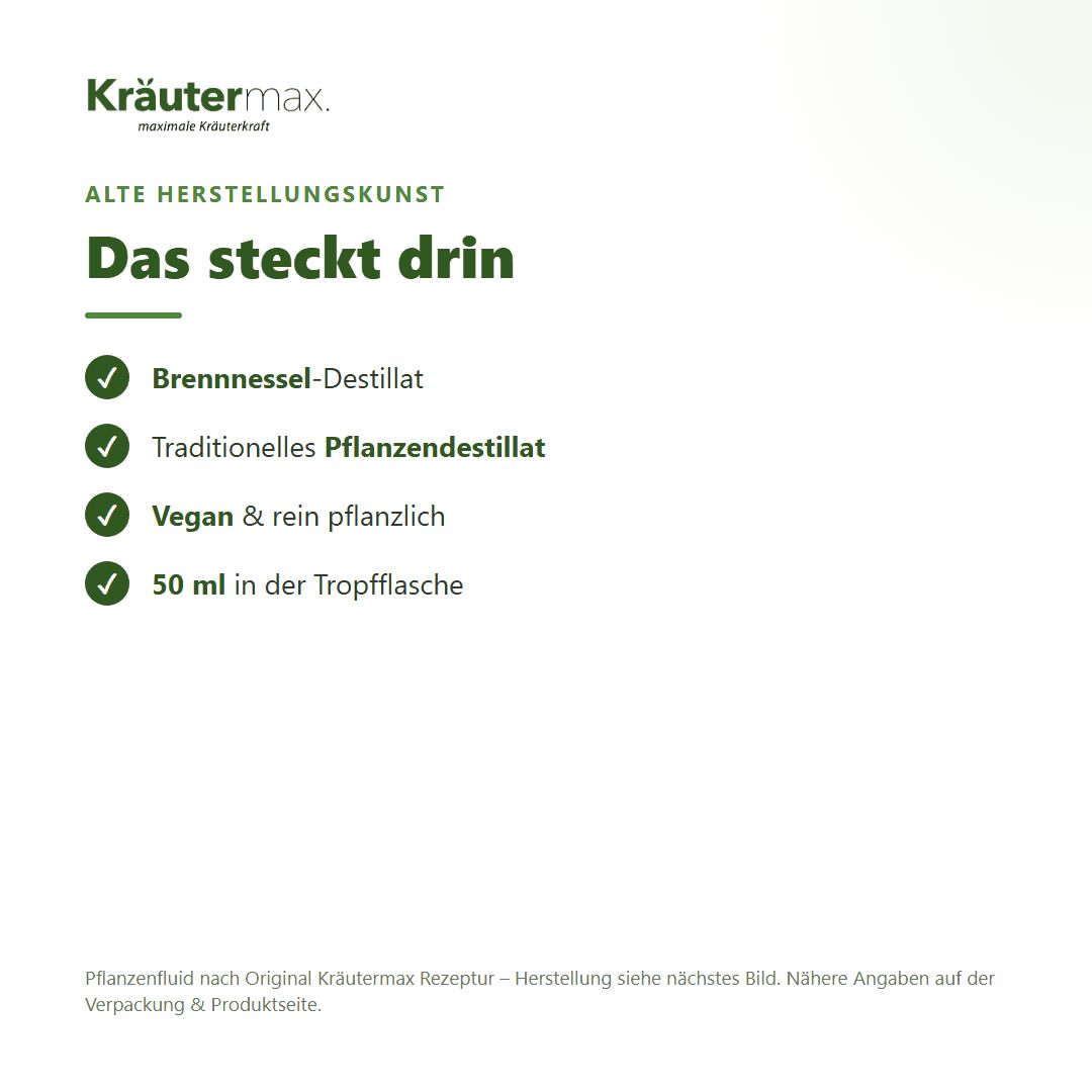 Informationen über die Inhaltsstoffe und Herstellung von Kräutermax Pflanzenfluid.