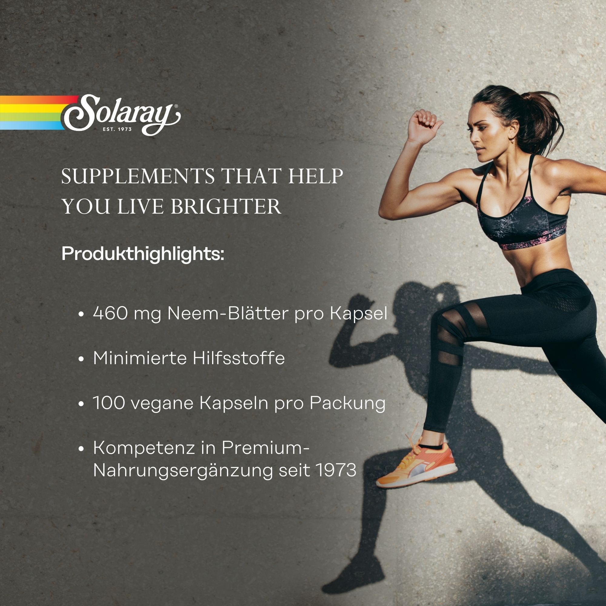 Solaray-Logo. Frau rennt. Text: Supplements that help you live brighter. Produkt-Highlights: 460 mg Neem-Blätter, 100 vegane Kapseln.