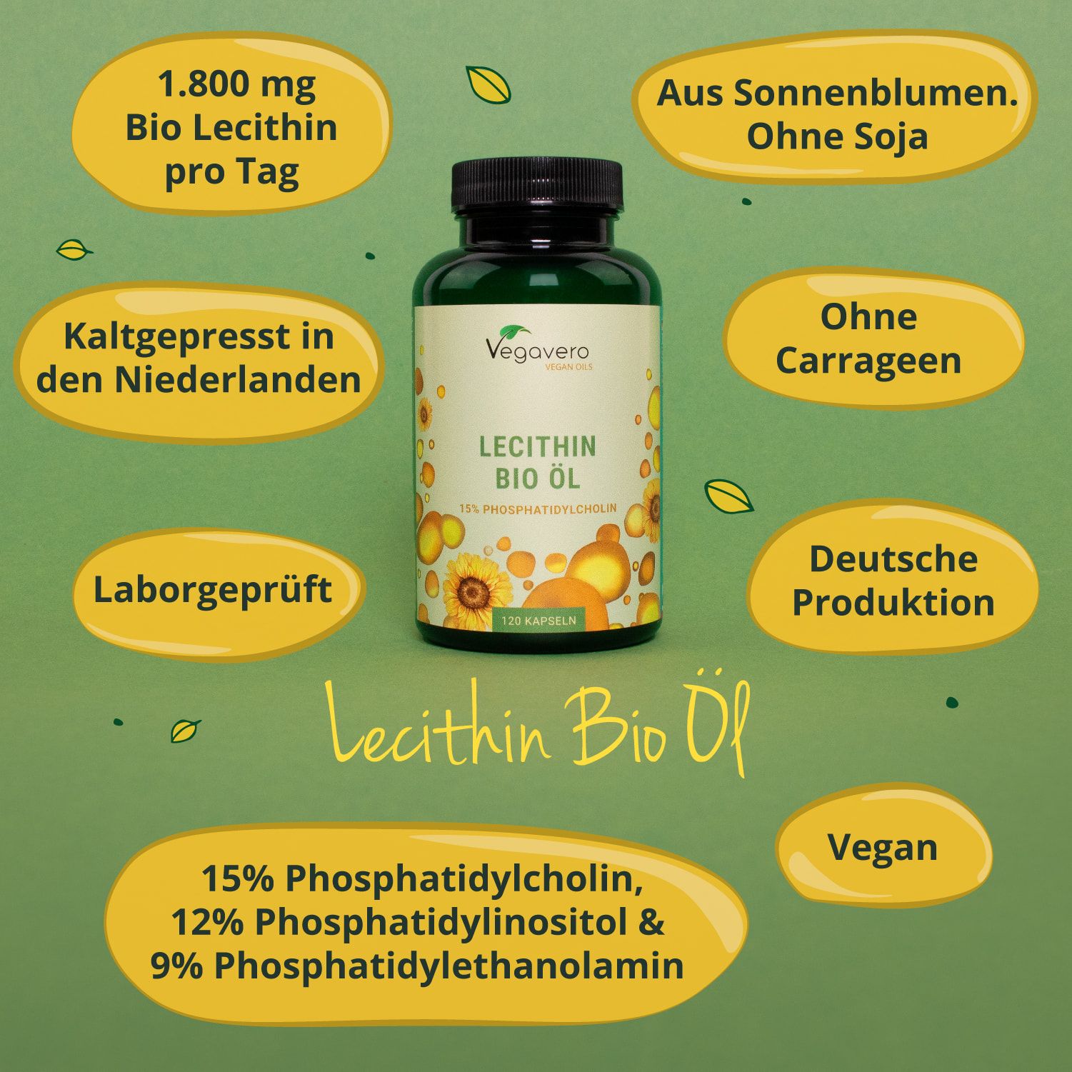 Produktflasche mit Text. Aufschrift: Lecithin BIO Öl. Informationen: 15% Phosphatidylcholin, 12% Phosphatidylinositol, 9% Phosphatidylethanolamin. Vegan.