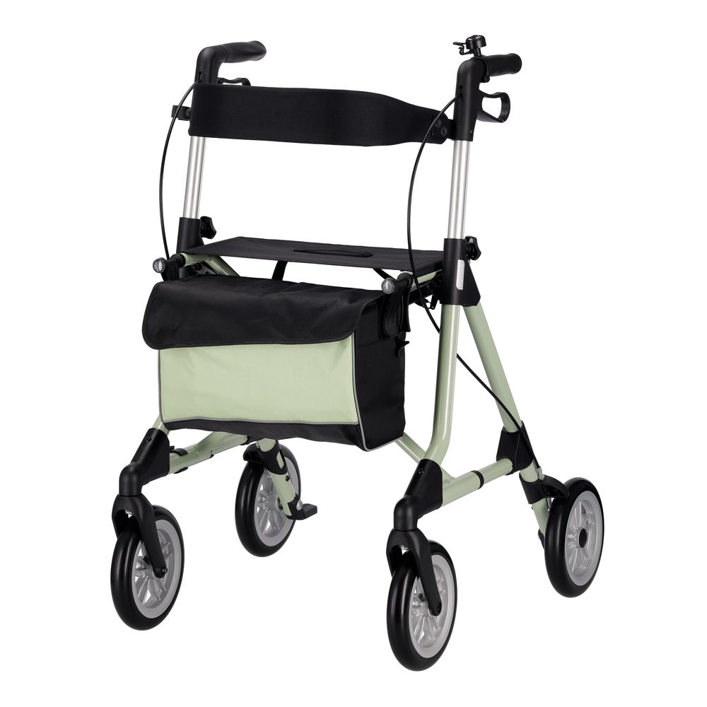 Rollator mit vier Rädern, hellgrünem Rahmen, schwarzem Sitz und Tasche. Ansicht von vorne.