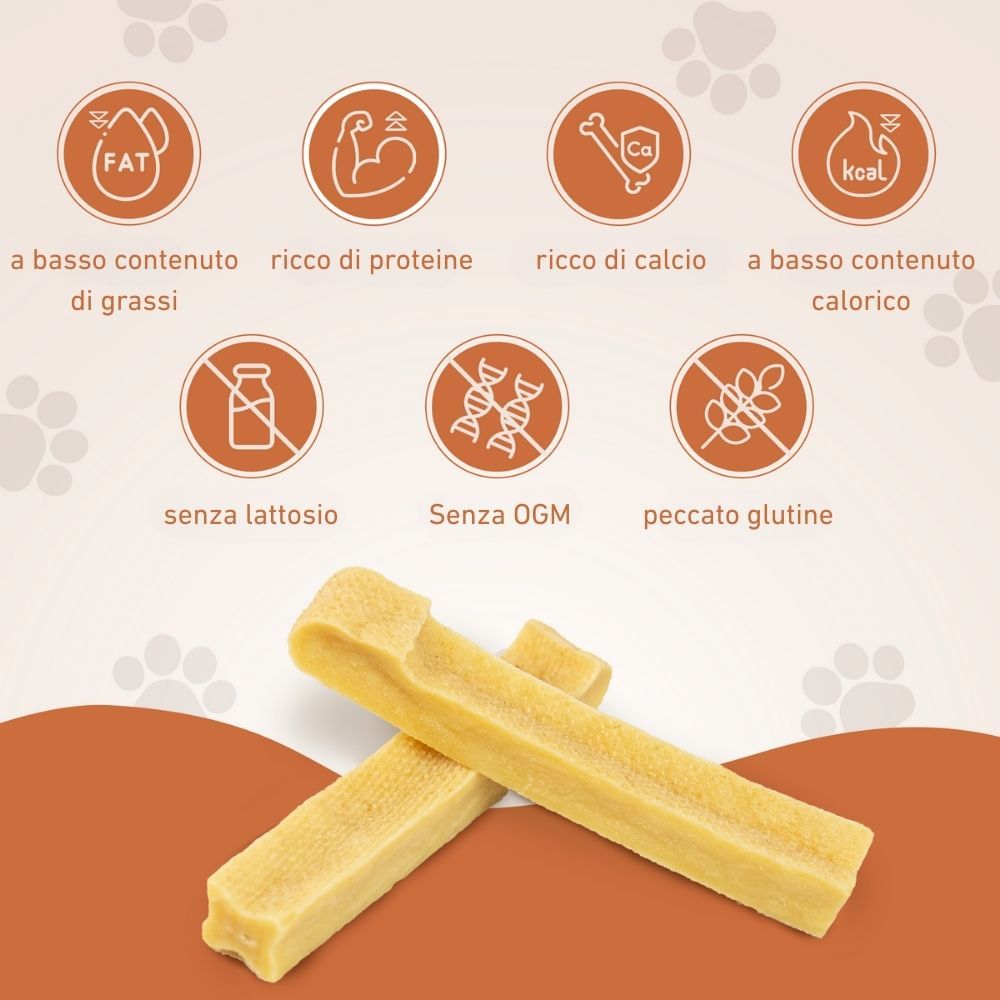 Zwei Yak-Käse-Stangen. Symbole für fettarm, proteinreich, kalziumreich, kalorienarm, laktosefrei, GVO-frei, glutenfrei.