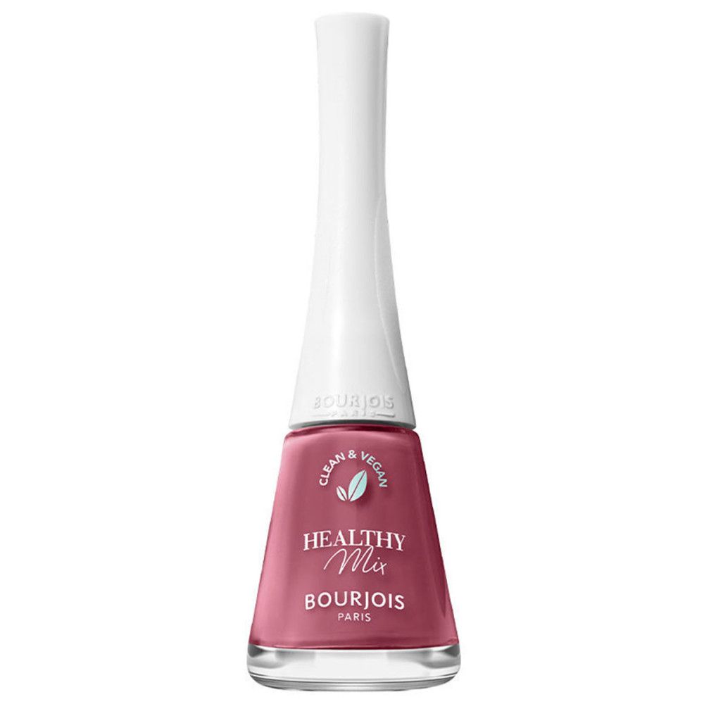 Nagellackflasche mit weißem Deckel. Rosa Lack, Aufschrift Healthy Mix und Bourjois.