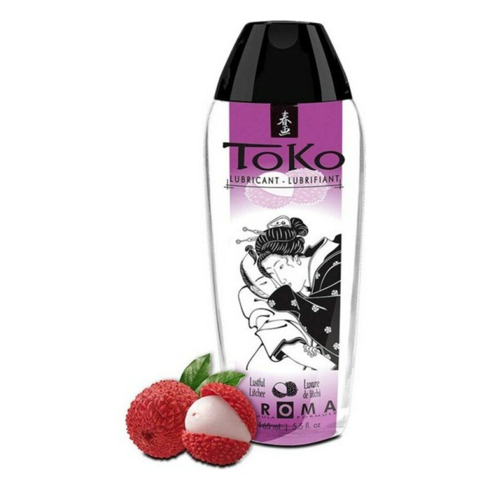 Toko Aroma Gleitmittel mit Lychee-Duft. Transparente Flasche mit schwarzem Verschluss und japanischem Motiv.