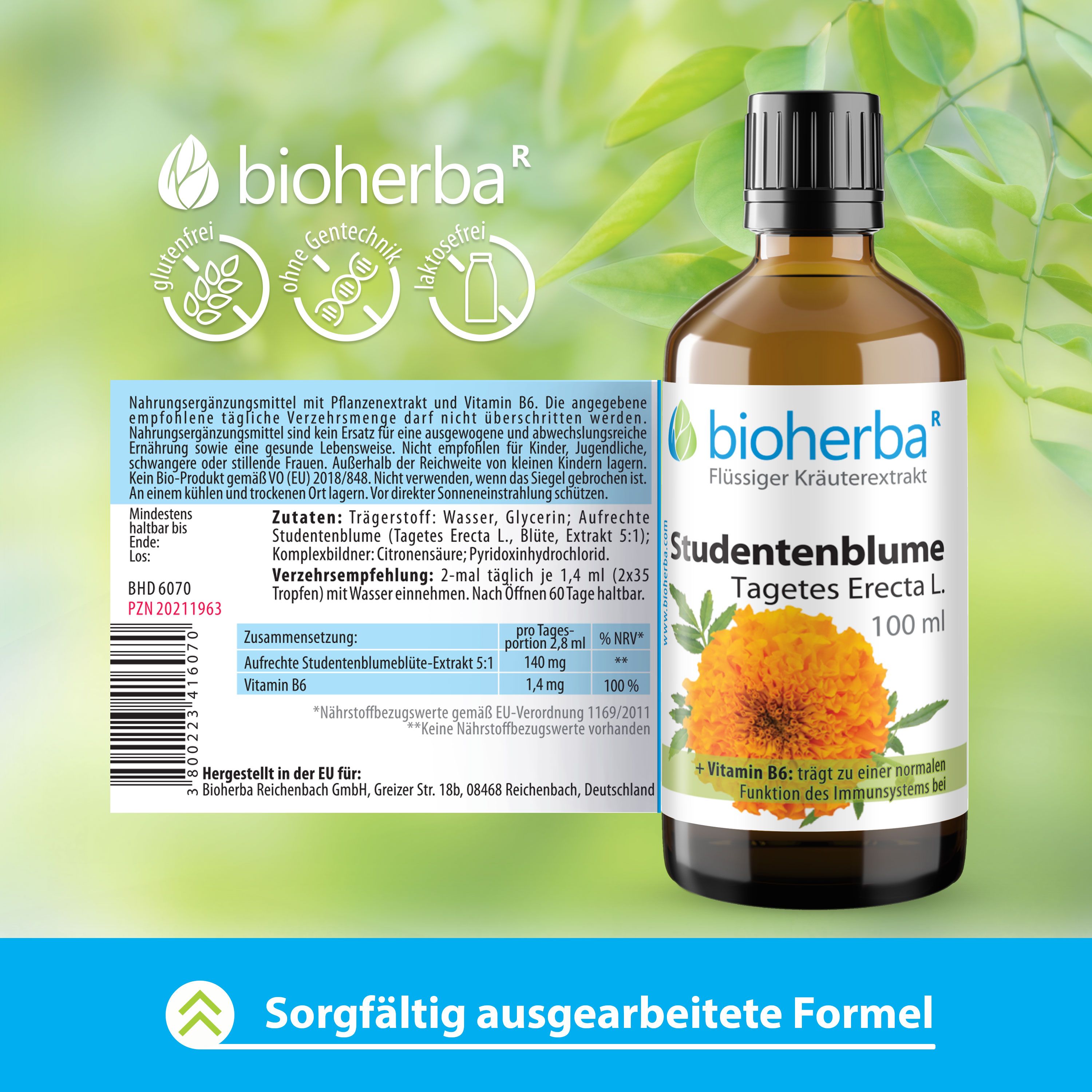 Braune Flasche mit Etikett. Logos: glutenfrei, gentechnikfrei, laktosefrei. Text: Sorgfältig ausgearbeitete Formel.