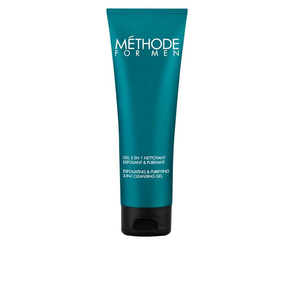 Türkisgrüne Tube mit schwarzem Deckel. Aufschrift: MÉTHODE FOR MEN, GEL 3 EN 1, EXFOLIATING & PURIFYING 3-IN-1 CLEANSING GEL.