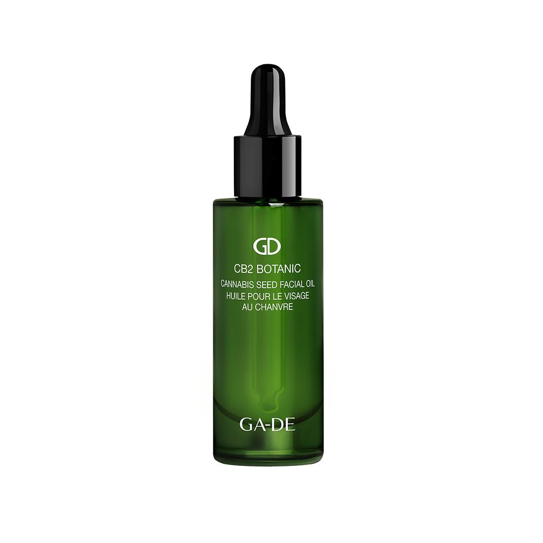 Grüne Glasflasche mit schwarzem Tropfer. Aufschrift: CB2 Botanic Cannabis Seed Facial Oil. Marke: GA-DE.