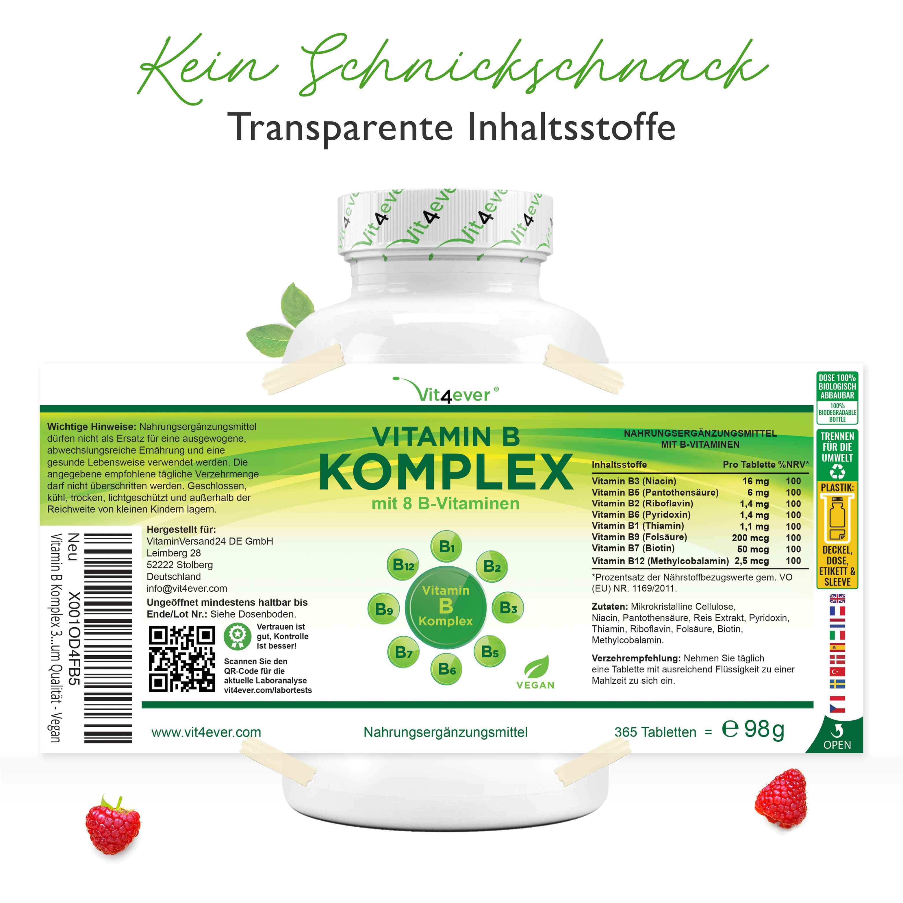 Produktetikett mit Informationen. Aufschrift: Vitamin B Komplex mit 8 B-Vitaminen. 365 Tabletten. Inhaltsstoffe. Vit4ever Logo. Vegan. Nahrungsergänzungsmittel.