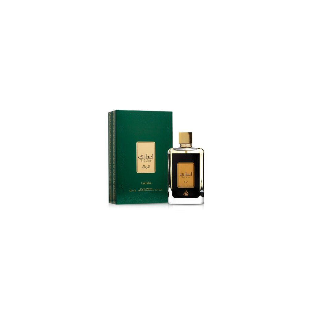 Ejaazi Eau de Parfum Flakon und Verpackung. Rechteckiger Flakon mit goldfarbenem Verschluss. Grüne Verpackung mit goldenem Etikett.