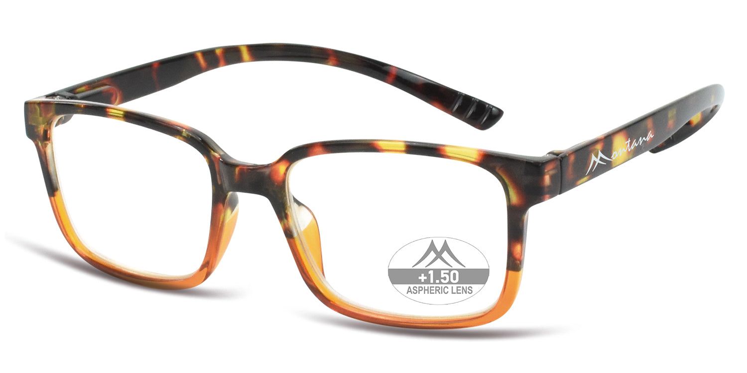 Brille mit braun-gelbem Rahmen und rechteckigen Gläsern. "+1.50 Aspheric Lens" auf einem Glas.