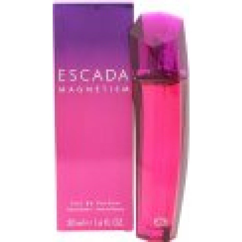 Escada Magnetism Eau de Parfum Spray. Pink-violette Flasche und Verpackung. Aufschrift Escada Magnetism. 50 ml.