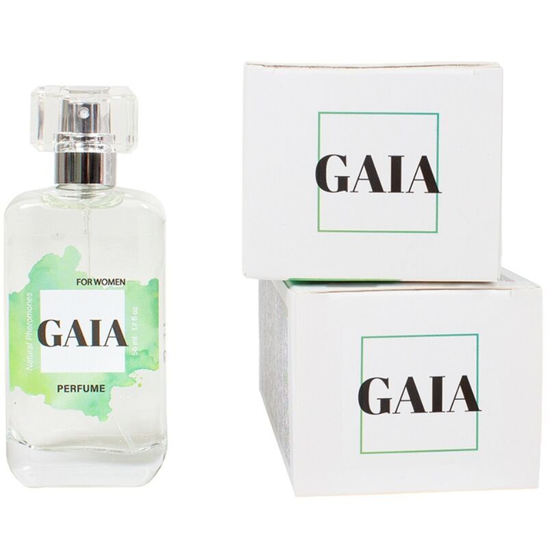 Flakon und zwei weiße Schachteln. Aufschrift GAIA, PERFUME. Flakon mit Sprühkopf. Grün-weißer Hintergrund.