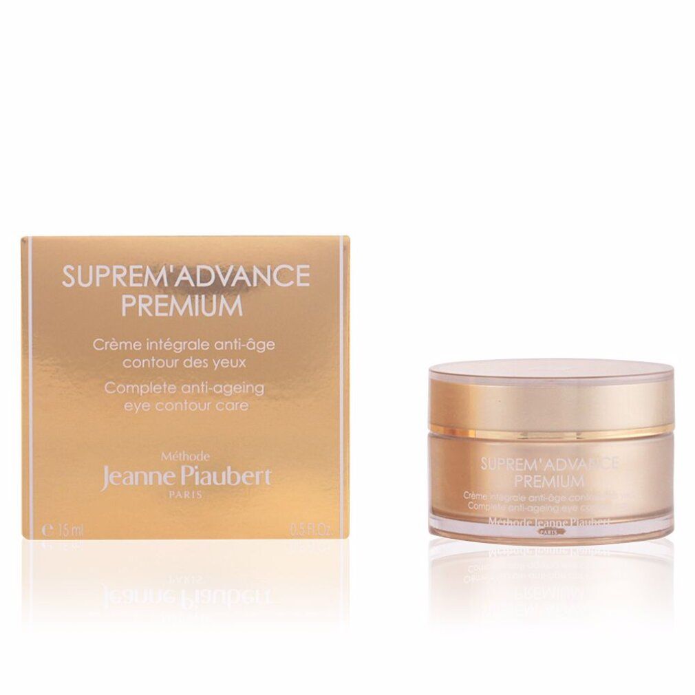 Goldfarbene Creme-Dose und Schachtel. Aufschrift: Suprem'Advance Premium, Crème intégrale anti-âge contour des yeux. Marke: Jeanne Piaubert.