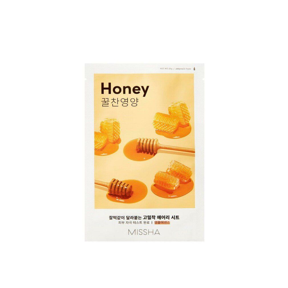 Missha Air Fit Sheet Mask Honey: Packung mit Honigwaben und Honigdippern.