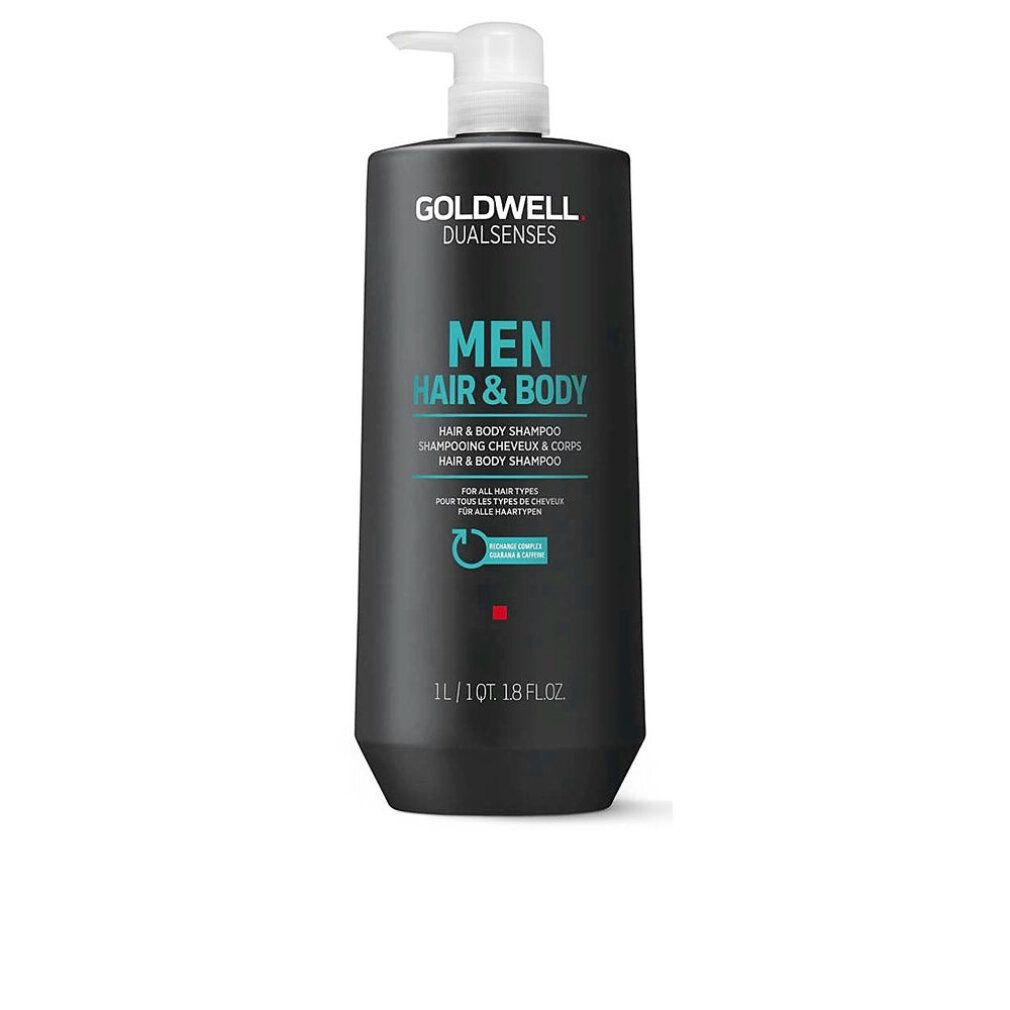 Schwarze Flasche mit Pumpe. Text: GOLDWELL DUALSENSES MEN HAIR & BODY. 1L/1QT 18FLOZ.