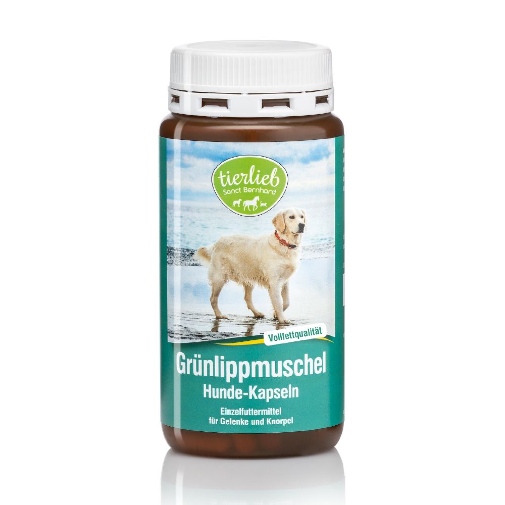 Hunde-Kapseln. Dose mit Produktetikett. Text: Grünlippmuschel Hunde-Kapseln. Einzel-Futtermittel für Gelenke und Knorpel.