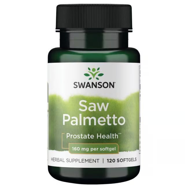 Grüne Flasche mit schwarzem Deckel. Aufschrift: SWANSON, Saw Palmetto, 160 mg pro Softgel, 120 Softgels.