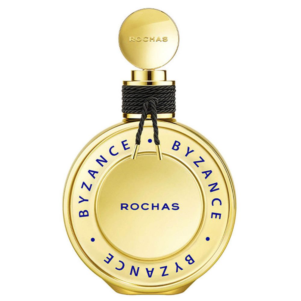 Goldfarbener Flakon mit schwarzem Band und goldenem Deckel. Aufschrift: BYZANCE, ROCHAS.