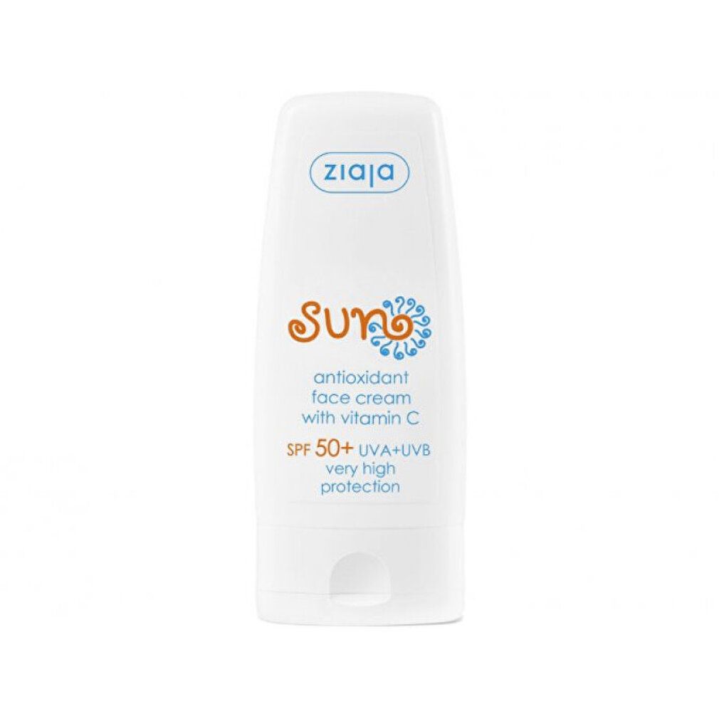 Weiße Tube mit "ziaja Sun" Aufschrift. Text: Antioxidant Face Cream, SPF 50+. Blaue und orangefarbene Elemente. Sehr hoher Schutz.