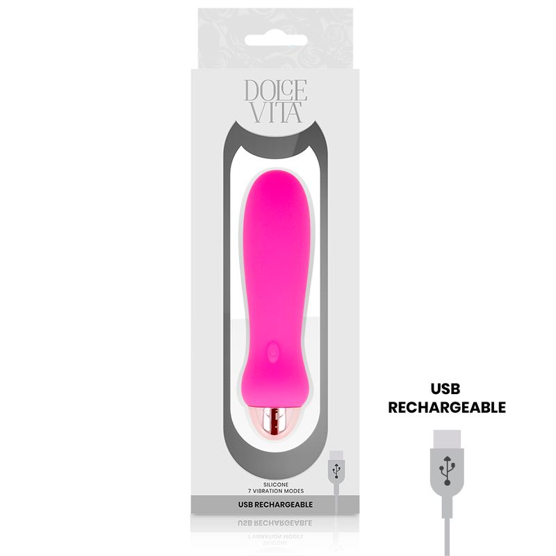 Verpackung mit pinkem Silikon-Vibrator. Beschriftung: Dolce Vita, USB Rechargeable.