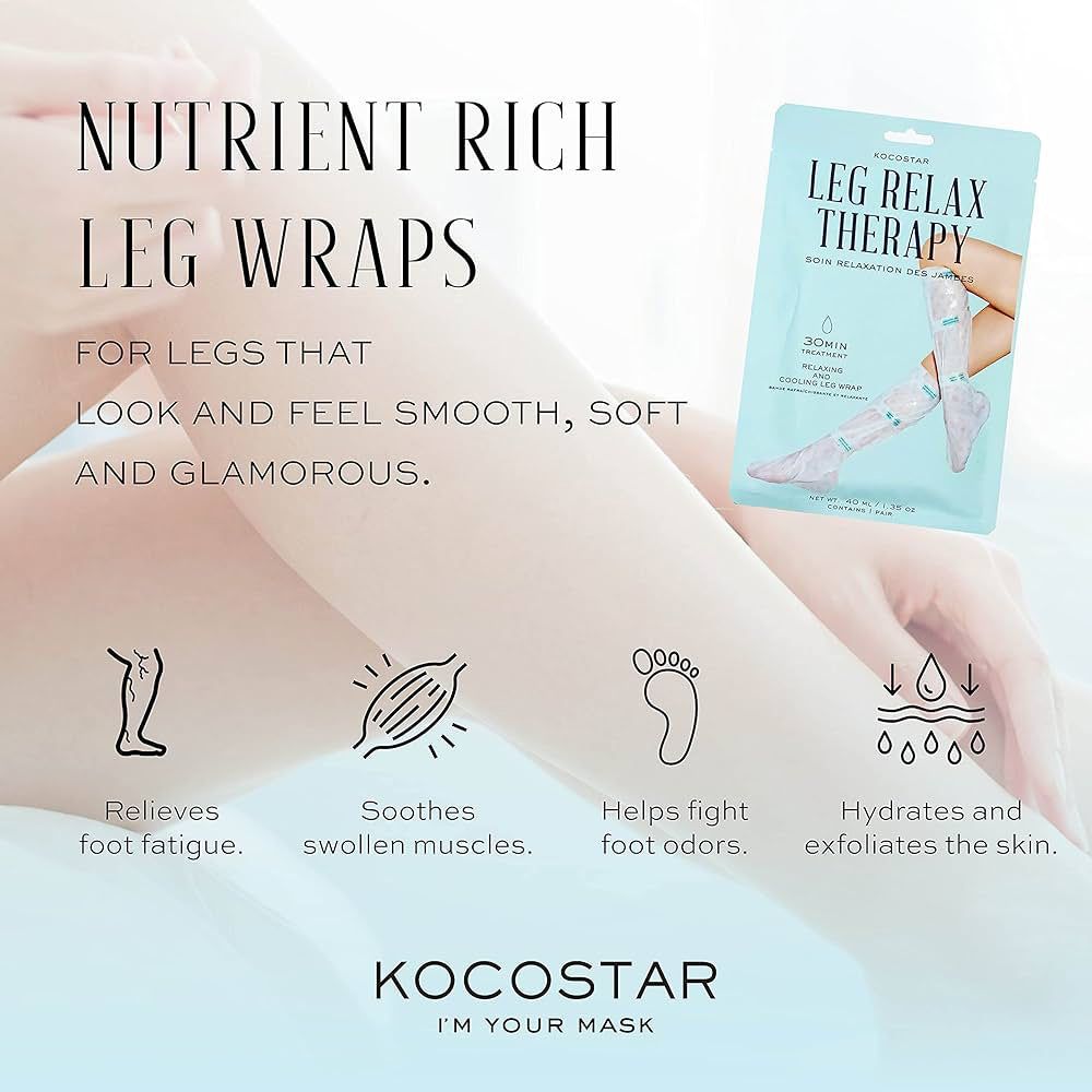 Produktverpackung und Beine. Produktname: KOCOSTAR Leg Relax Therapy. Text: Nährstoffreiche Beinwickel. Illustrationen: Fuß, Muskel, Fuß, Wassertropfen.