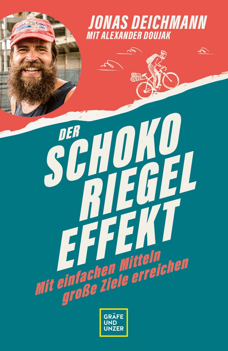 Buchcover mit Titel "Der Schokoriegel-Effekt". Autor Jonas Deichmann. Illustration eines Radfahrers. Verlag Gräfe und Unzer.