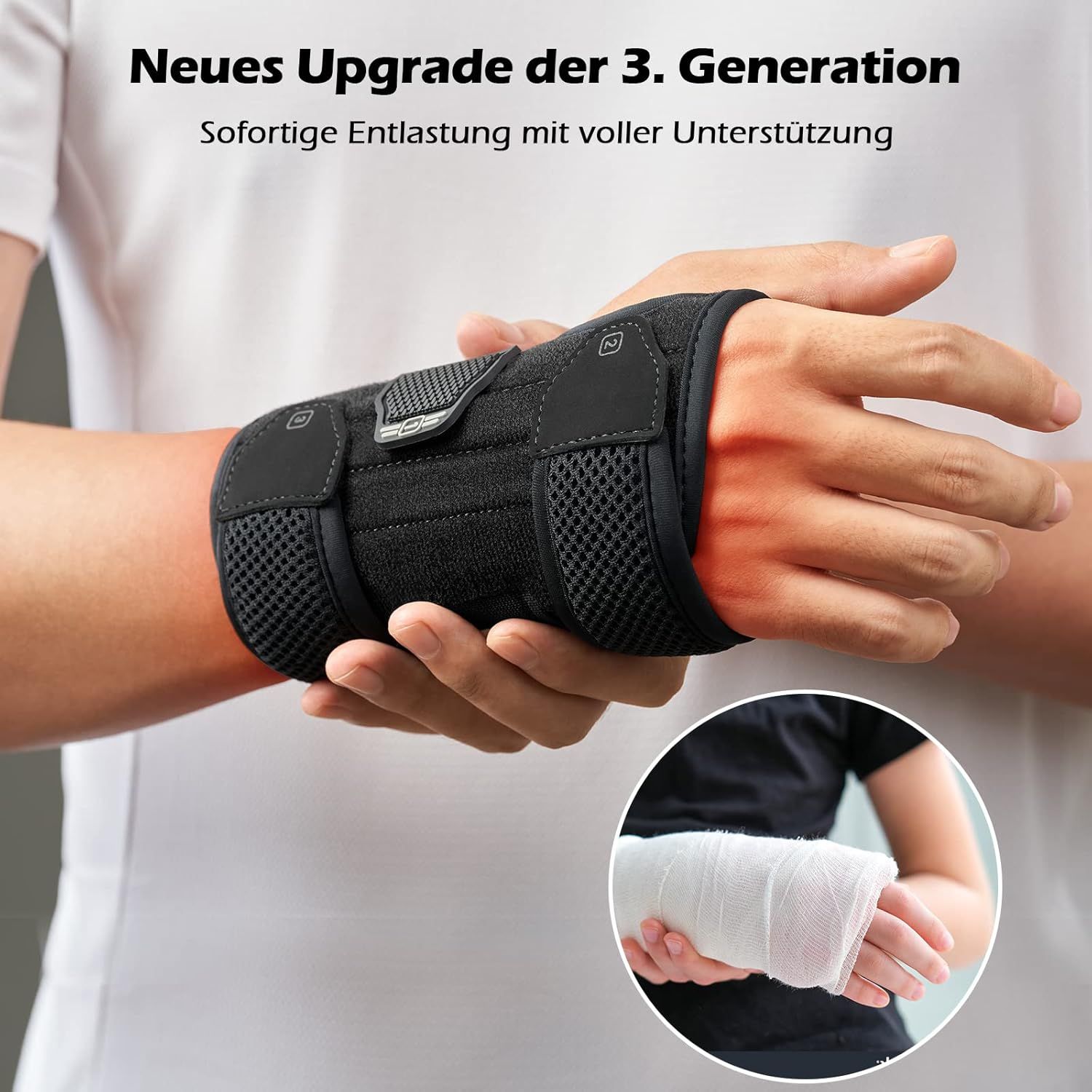 Schwarze Handgelenkbandage mit Klettverschlüssen und Netzgewebe.