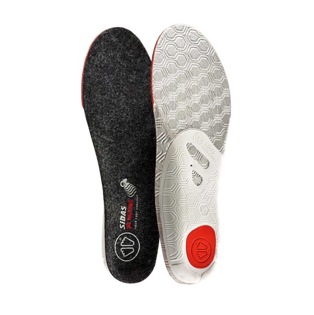 Einlegesohle mit schwarzer Oberseite und weißer Unterseite. Roter Akzent an der Ferse. Logo und Schriftzug.