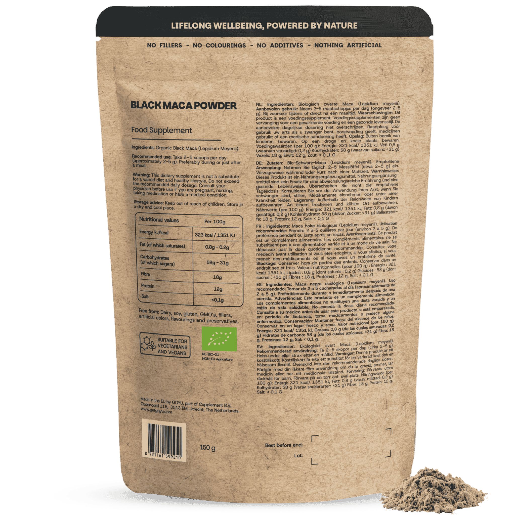 Braune Papiertüte mit schwarzem Maca-Pulver, Nährwertangaben und Bio-Siegel.