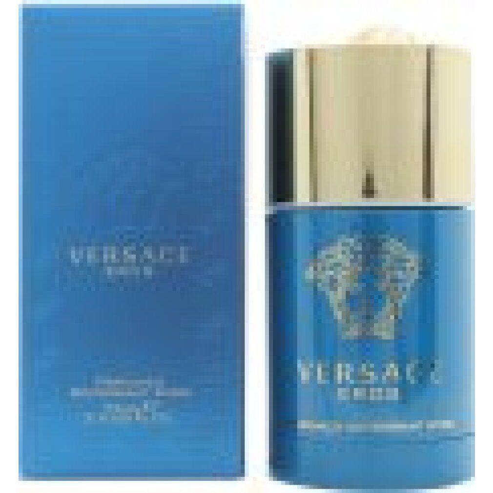 Versace Eros Deo Stick für Herren, blauer Behälter mit goldenem Deckel.