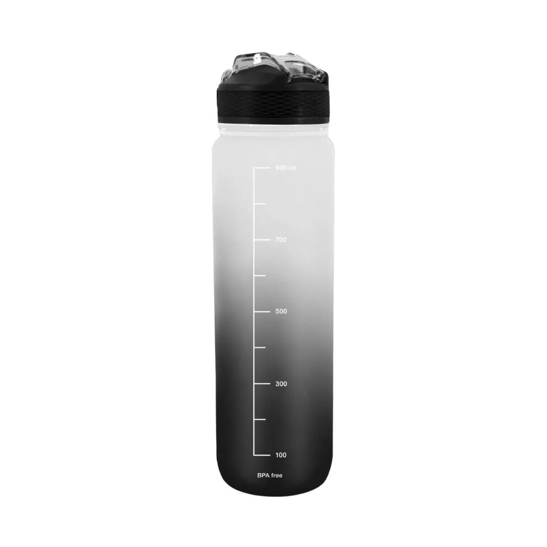 Flasche mit Messskala. Schwarz-weiße Farbverlauf. Schwarzer Deckel. BPA-frei.