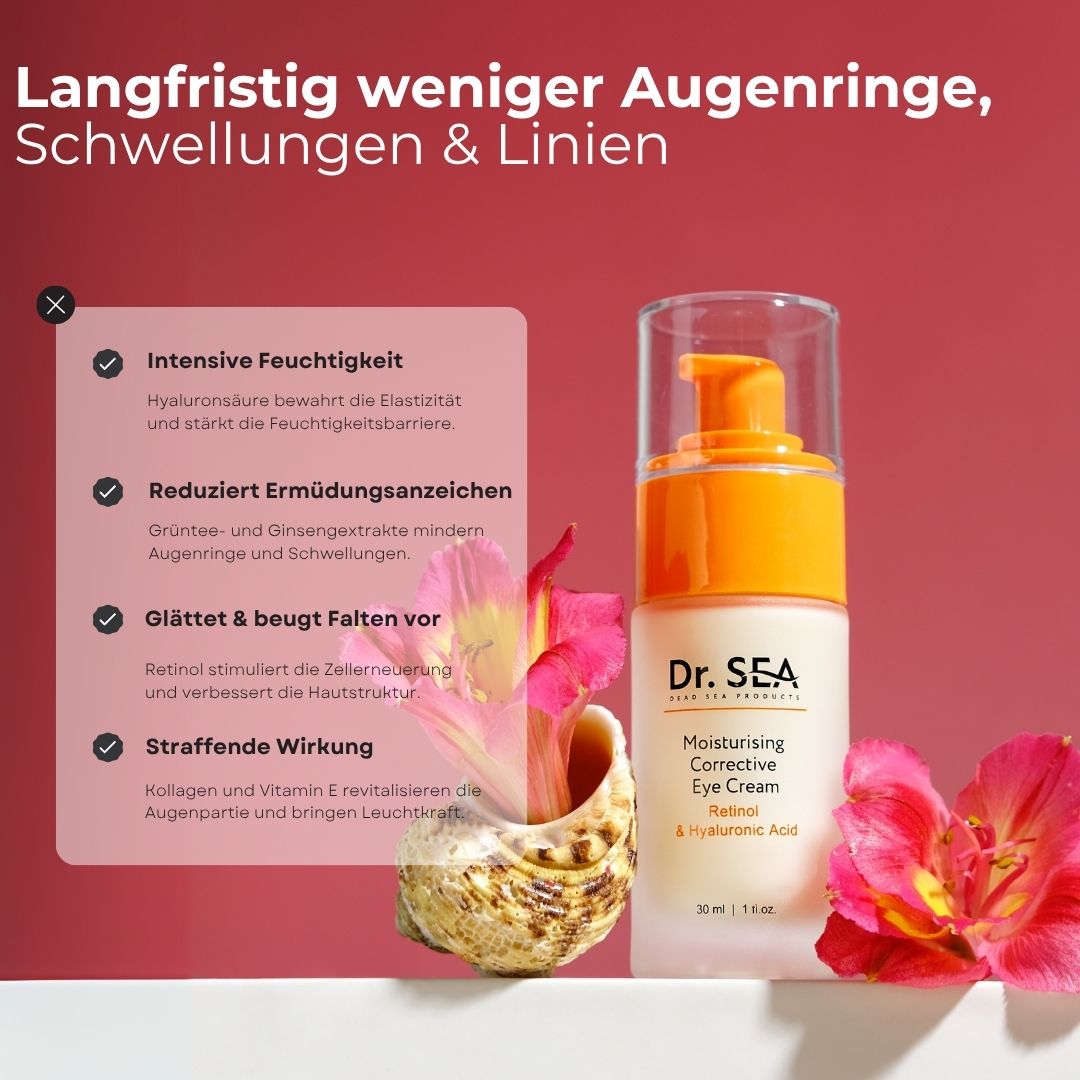 Produktflakon mit Text und Illustrationen. Text: Dr. SEA, Moisturising Corrective Eye Cream, Retinol & Hyaluronsäure. Mit Blüten.